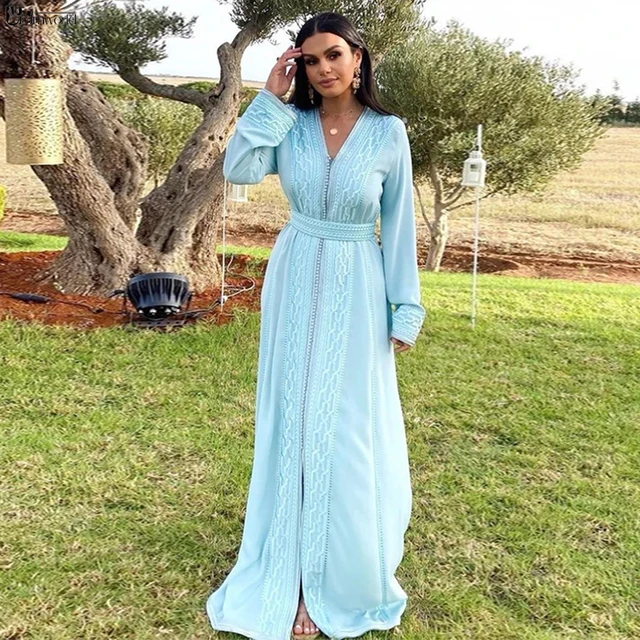 Moroccan Caftan Light Blue Muslim Evening Dresses Long Sleeves Women Formal Dress Lace Dubai Prom Gowns Robes De Soiree AliExpress