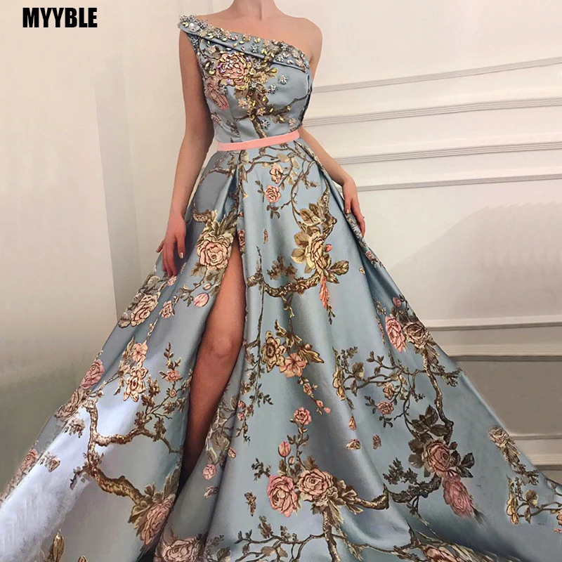 Customized  One Shoulder Side Split Prom Dresses Floral Print Crystal Beaded Party Gowns With Sash Long  Formal Evening Dress