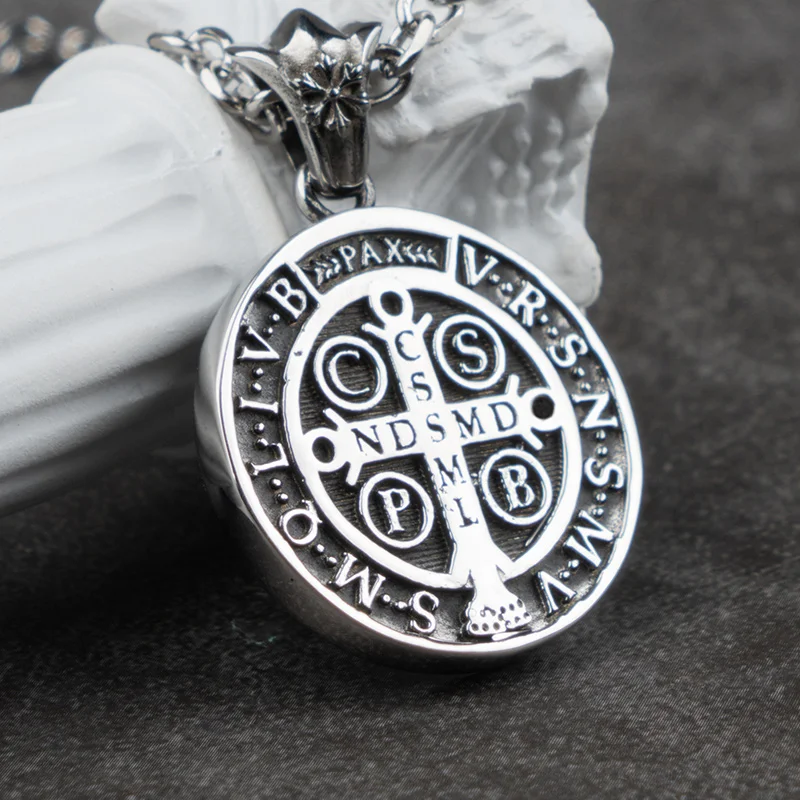 Catholic Saint Benedict Crucifix Pendants ins Stylish Stainless steel cross necklace bible Jesus exorcist necklace for men women