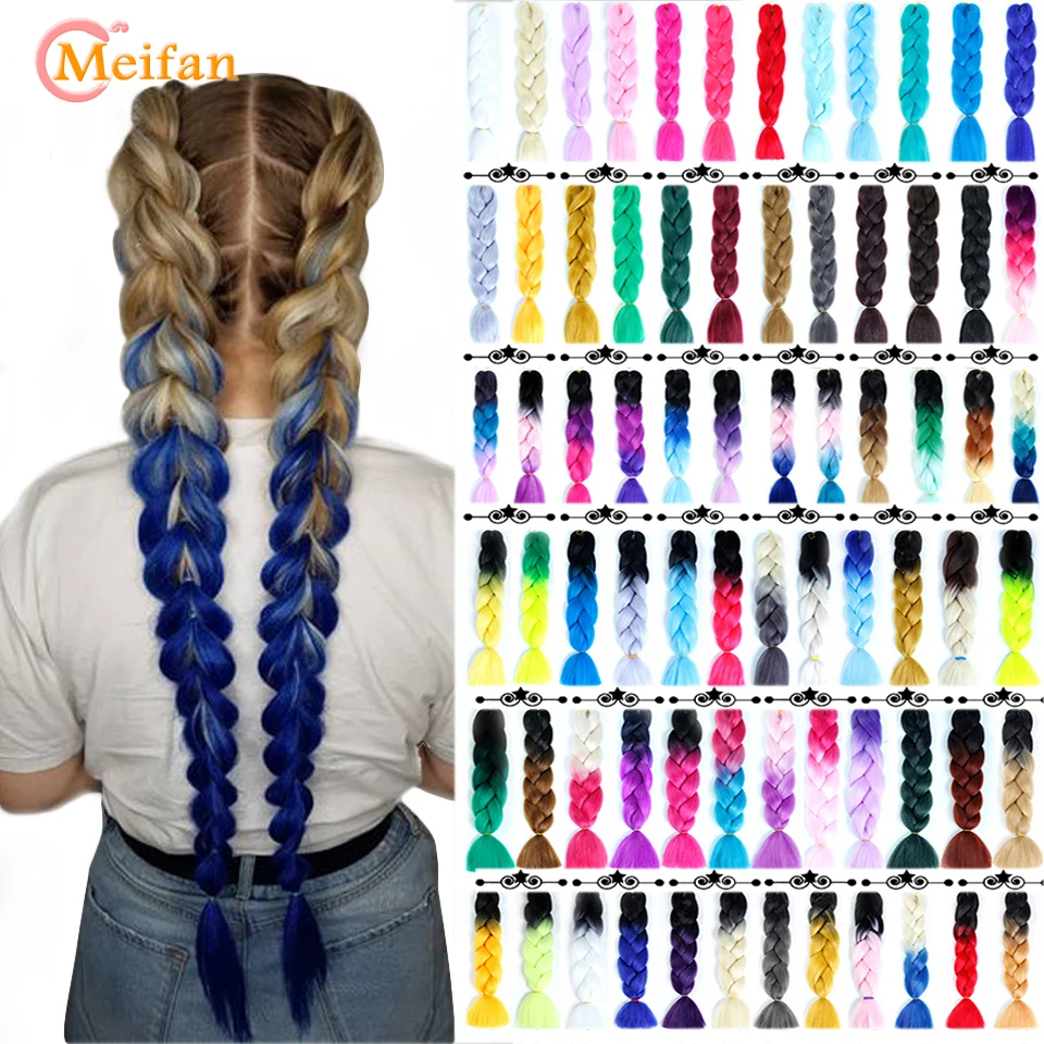 MEIFAN 24 Inch Colored Braid Hair Strands Synthetic African Afro Jumbo Ombre Blue Pink Yellow Blue False Braiding Hair Extension