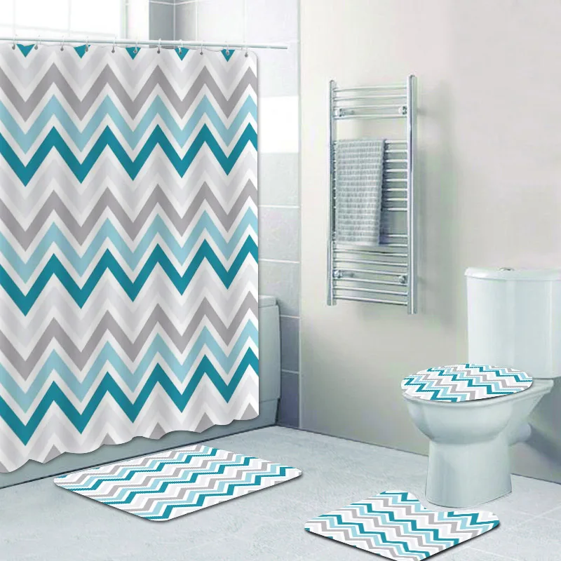 4PCS Set Trendy Grey Turquoise Blue Fade Chevron Waterproof Shower Curtain Bathroom Curtain Set Bath Mat Rug Carpet Home Decor