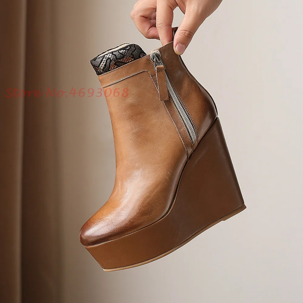 Wedges Genuine Leather Boots Round Toe Side Zipper Wedges Platform Med Heels Solid Booties British Style Women Casual Shoes