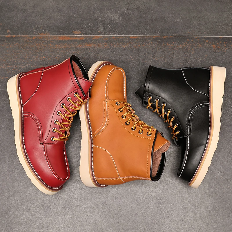 Yomior 2021 New Vintage Casual Men Shoes Handmade Wings Ankle Boots Autumn Winter Round Toe Red Motorcycle Boots Cow Leather