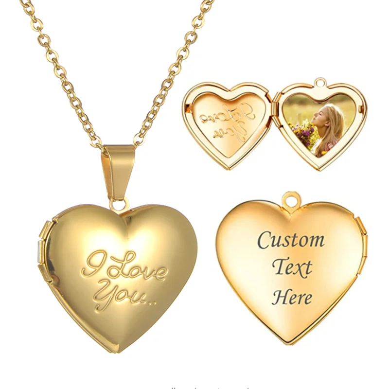 

Stainless Steel Chain Necklace with Heart Pendants Can Openable Photo Frame Engraved I Love You Locket Pendant Necklace Gift