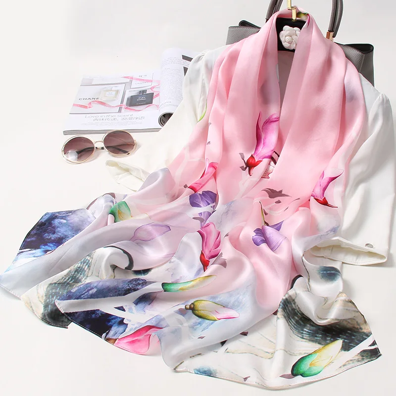 100% Pure Silk Scarf For Women Luxury Print Echarpe Femme Long Natural Silk Scarf Bufanda Fahsion Satin Shawls Wraps Neck Scarf