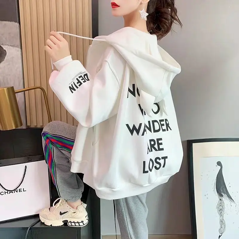 Women\'s Hoodies All-match Plus Velvet Coat Loose Autumn Winter Clothes 2024 Lazy Style Zipper Harajuku Oversized Long Sleeve Top