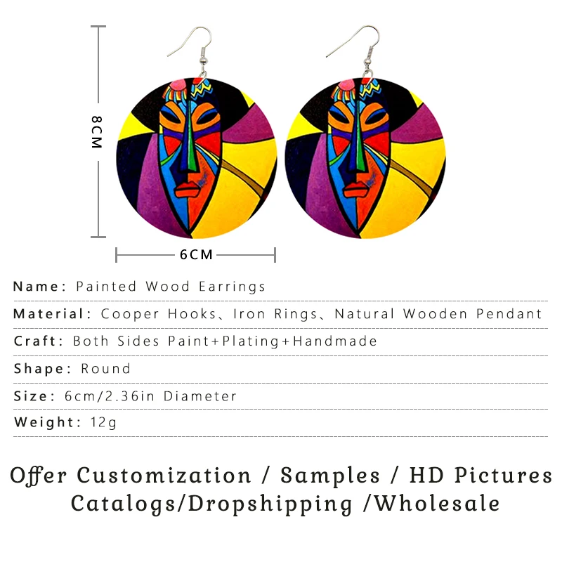 Voikukka Jewelry 2021 Hot Sale Painted Masks Both Sides Print On The Natural Wood Fashion African Round Pendant Women Earrings