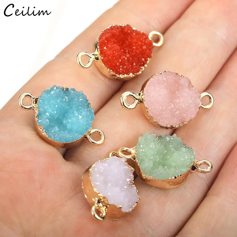 10PCS Gold Round Resin Fake Druzy Stone Connector Charms for Bracelet Necklace Making Crystal Jewelry Findings Wholesale Bulk