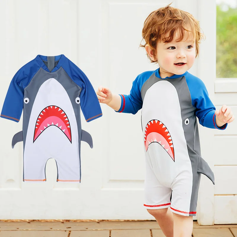 Boys Swimwear High-end One Piece BathingSuit Children Long sleeve shark printed SwimSuit UV protection Boy Rash Guards