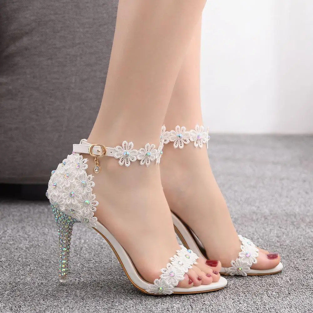 New 9cm stiletto shoes, lace, flowers, rhinestones, bridal wedding shoes, photo high-heeled sandals