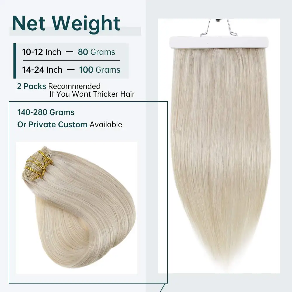 Full Shine Clip In Human Hair Extensions 7 Pcs 100g Pure Blonde Color Hairpins On Double Weft Machine Remy Human Hair For Woman