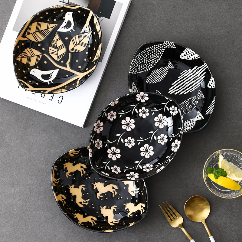 

LingAo - Цветная керамическая посуда под глазурью, ручная роспись, японский креативный рельеф, десерт для семейного ресторана, фруктовый салат, олив