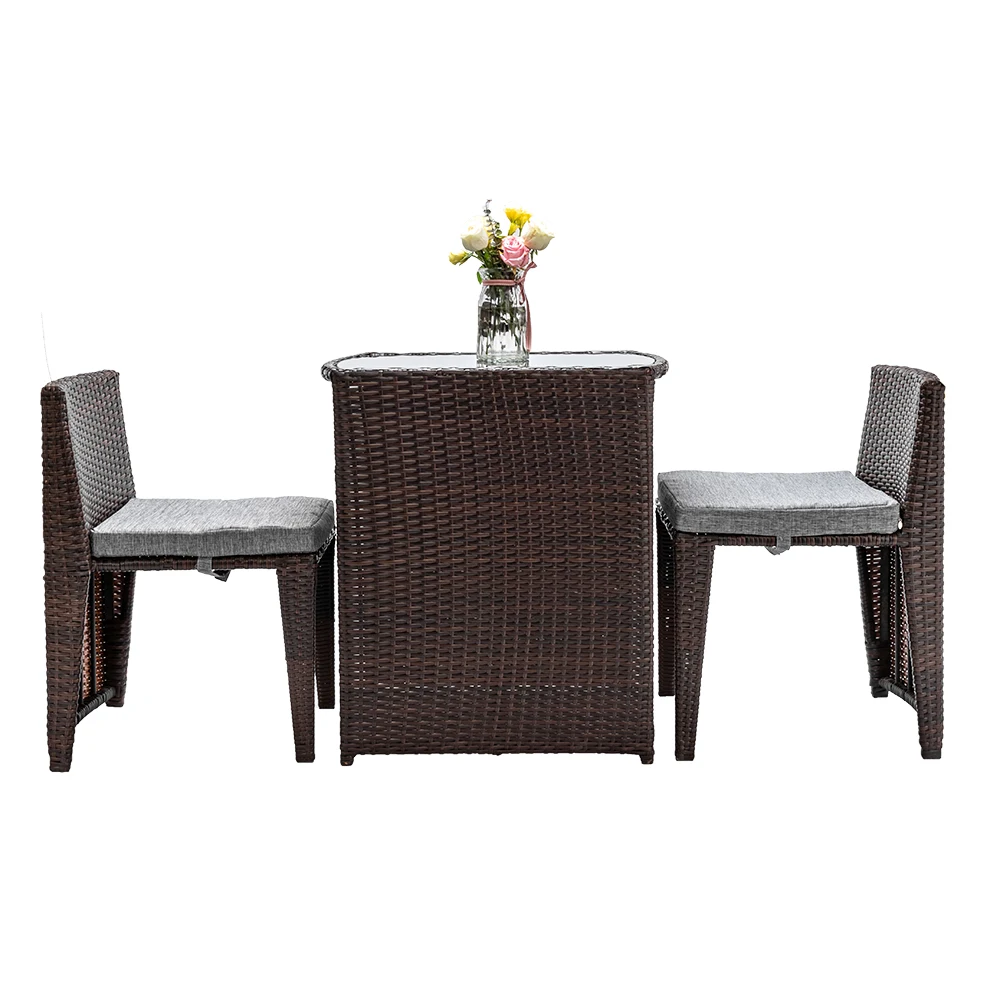 Outdoor Patio  Furniture Set 3PCS Rattan Wicker Bistro Set with Glass Top Table 2 Chairs Space Saving Design Brown