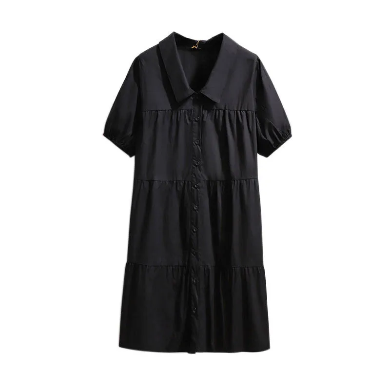 150Kg Plus Size Women's Summer Loose Cotton Short Sleeve A-Line Dress Bust 152cm 5XL 6XL 7XL 8XL 9XL Lapel Button Dress Black