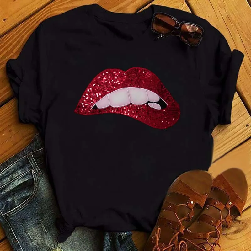 New Harajuku Women T Shirts Leopard Lips Print Tshirt Funny T Shirt Female Short Sleeve Black Tops Tee Fashion Women T-shirts