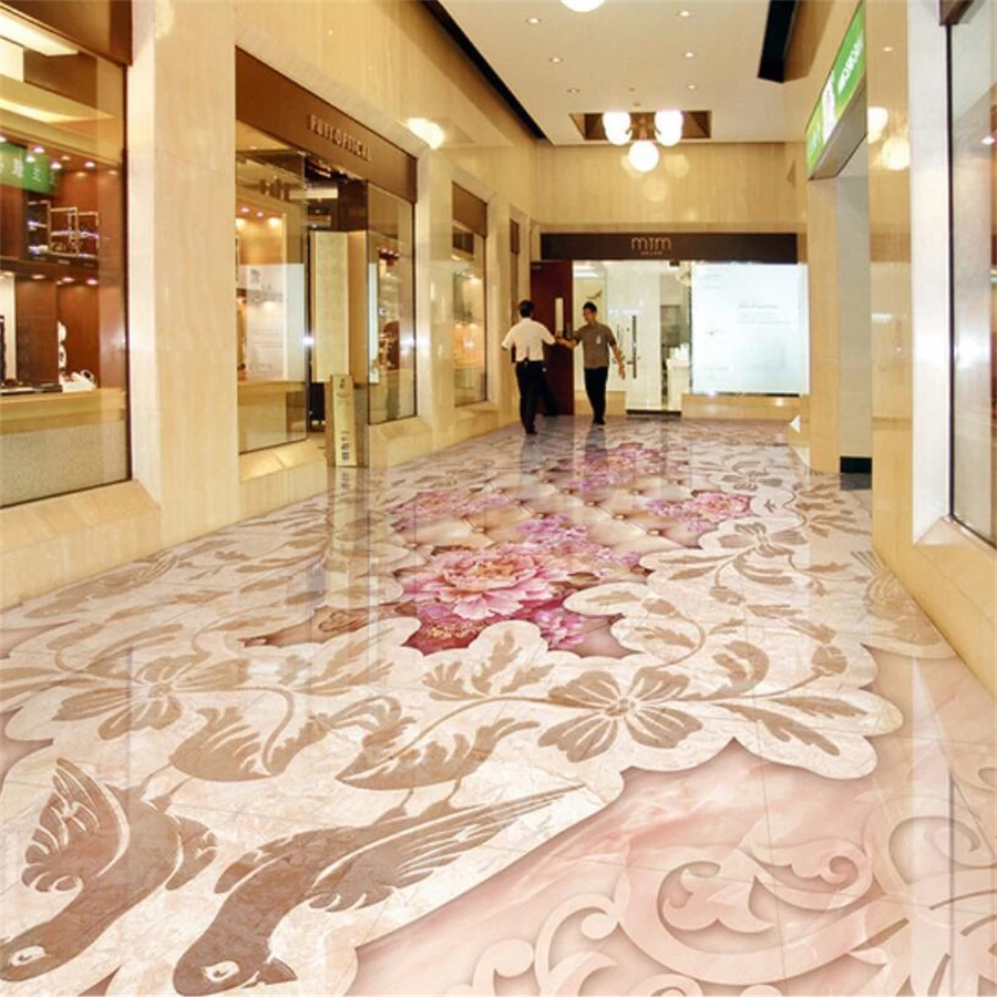 Customized 3d floor painting rich and honorable peony relief stone parquet 3D floor living room bedroom shopping mall floor tile