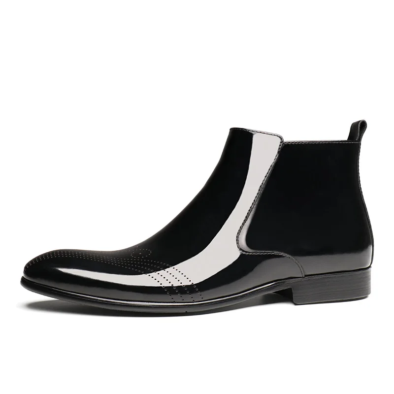 Fashion Black Pointed Toe Mens Dress Boots Patent Leather Boots Mens Ankle Boots