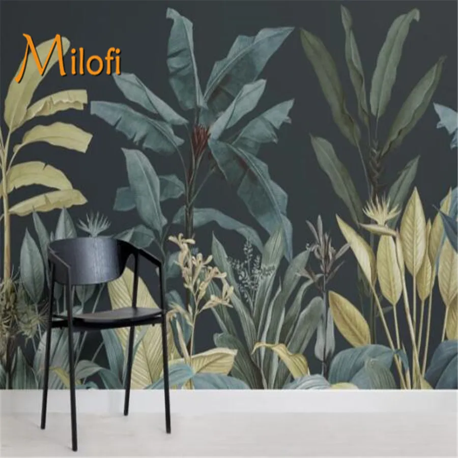 

Custom mural dark blue and green tropical jungle plant wallpaper bedroom background 3d banana leaf wallpaper photo mural decorat