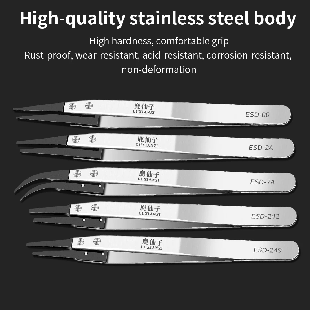 LUXIANZI Anti-static Industrial Tweezers 8pcs Replace Head Set Nail Art Beads Picking Nipper Tool ESD Precision Forceps