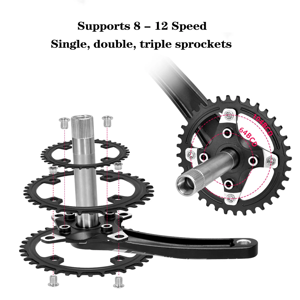 Bicycle Crank 104BCD Chainwheel MTB Bike Crankset Contains The Bottom Bracket 170mm Crank Black Red 32T 34T 36T 38T