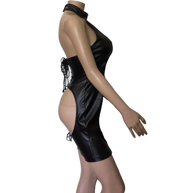 Mistress Fetish Costume PU Leather Open Butt Catsuit Halter Neck Corset Back Body Harness Mini Dress