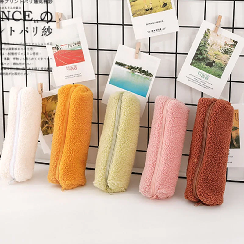 Solid Color Lamb Plush Pencil Case Bag Avocado Green Student Cute Stationery Pen Pouch Storage Bag for Kids Gift School Supplies