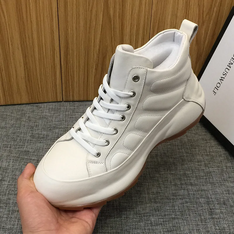 Outdoor High-Top Sneakers Men Round Toe Genuine Leather Platform White Shoes Height Increasing Casual Work Ankle Boots 38-44