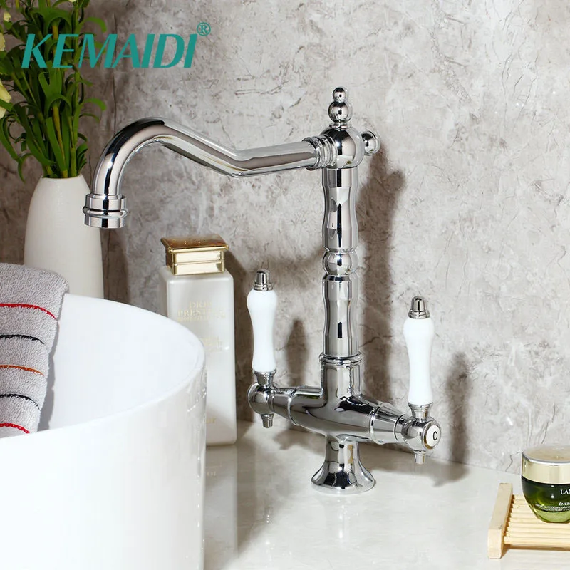 KEMAIDI Bathroom Sink Basin Faucet 360 Swivel 2 Handles Kitchen Deck Mount Bright Chrome Swivel  Washing Basin Mixer Water Taps