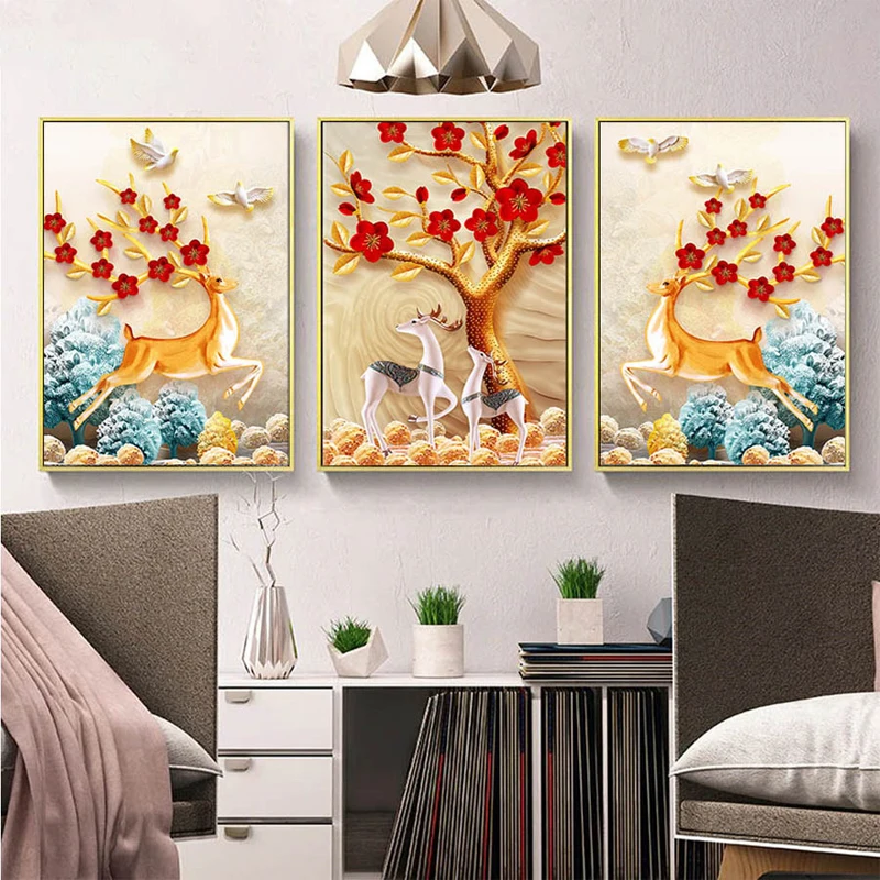 3Panels Nordic Animal Deers Trees 5d diy diamond painting cross stitch full square mosaic diamond embroidery stickersZP-1132