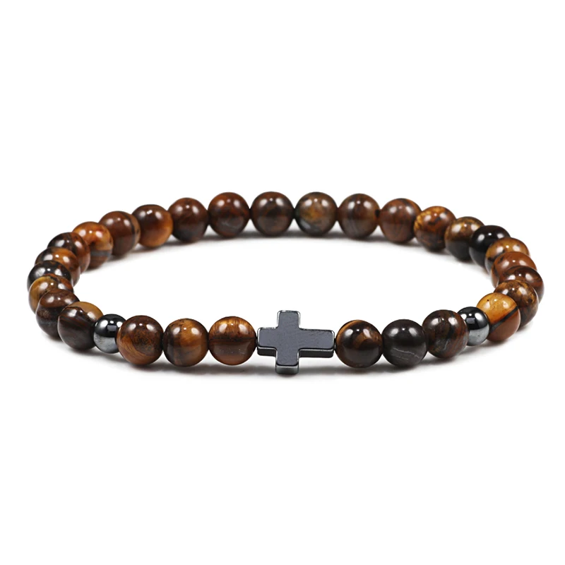 Prayer Men Women Bracelet Hematite Cross 6MM Natural Stone Tiger Eyes Bead Strand Bracelets Bangle Jesus Yoga Homme Jewelry Gift