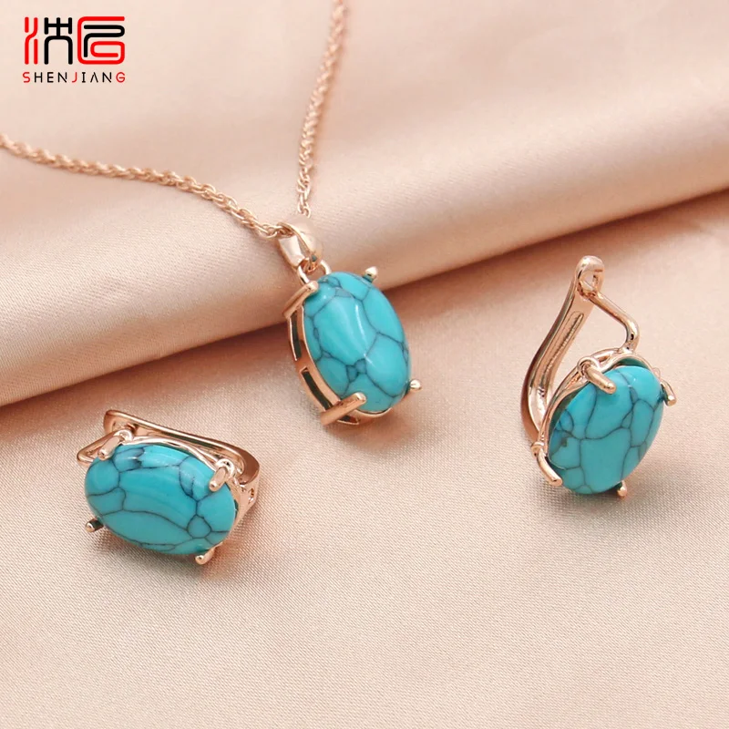 SHENJIANG New Oval Egg Shape Synthetic Turquoises Rose Gold Color Dangle Earrings Jewelry Sets For Women Wedding Necklace