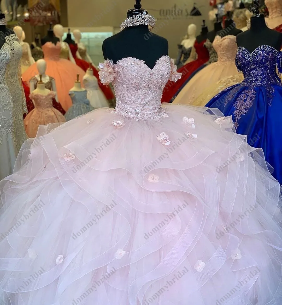 2021 جميل أحمر الخدود الوردي انفصال الأكمام الكرة ثوب رخيصة Quinceanera حفلة موسيقية فستان مكشكش تول ثلاثية الأبعاد الزهور التخرج