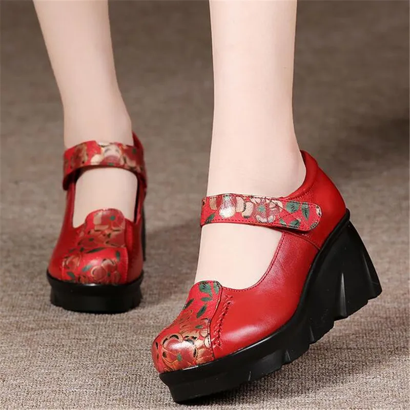 2023 Spring New Chinese Style Women\'s Shoes Classic Printing Genuine Leather Shoes Platform Wedges High Heels Heighten Shoes