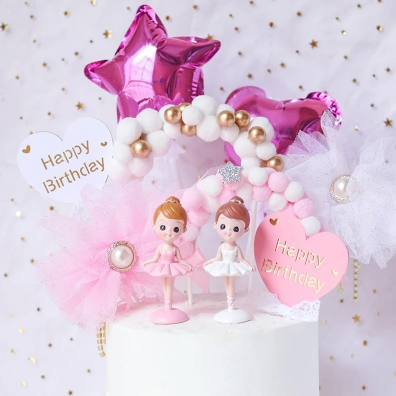 Ballerina Girl Cake Decoration Pink White Hairball Arch Balloon Cake Toppers Wedding Birthday Party Decor Kids favor Baking