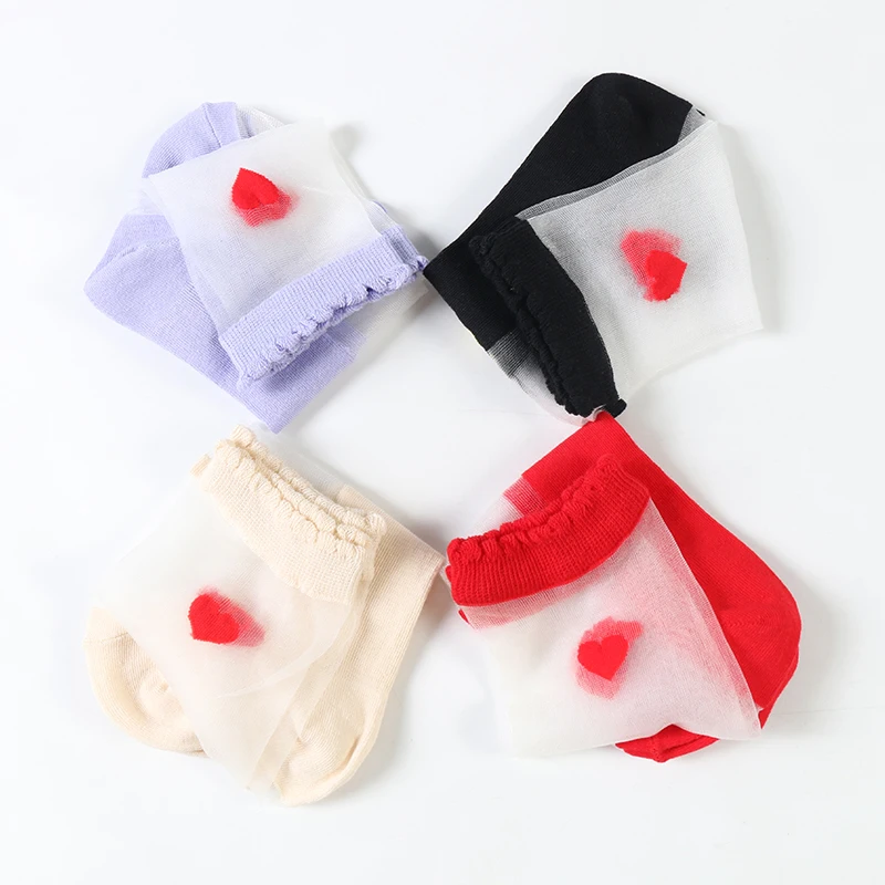 DONGAI 4 Pairs Summer Cute Love Transparent Women Socks Comfortable Sexy Cotton Bottom Fashion Socks Breathable Korean Style