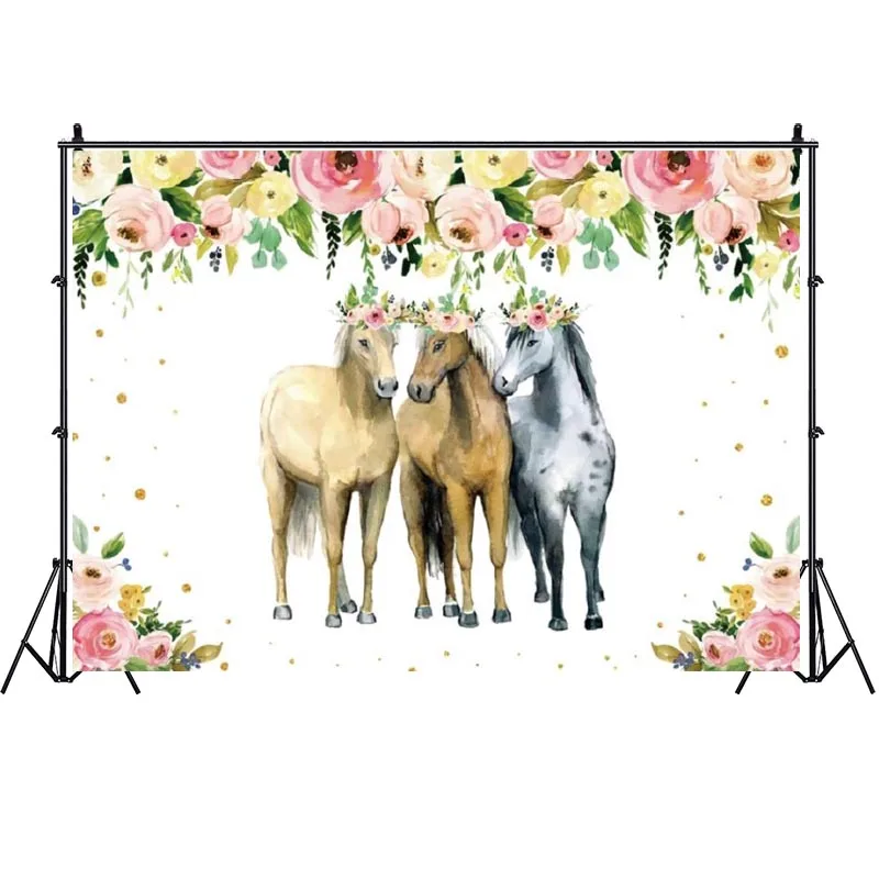 Pano de fundo de festa de cavalo, fantasia de cowboy, garotas, flores, aniversário, fundo de fotos, cabine de estúdio, adereços de decoração, faixa