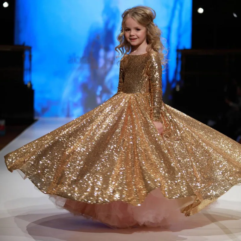 First communion dress for girls vestidos de fiesta de noche ornate Gold sequins princess party ball gown Wedding Girls clothes