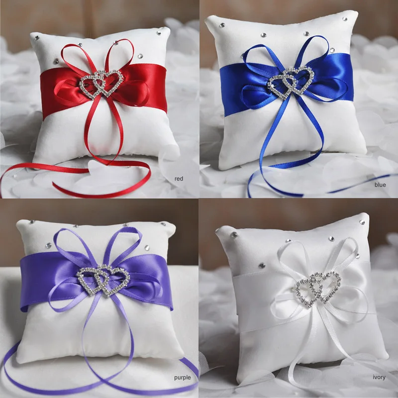 1pc White Red Blue Pillow Ribbon Bowknot Rhinestones Double Heart Satin Cushion European Wedding Decoration Party Supplies