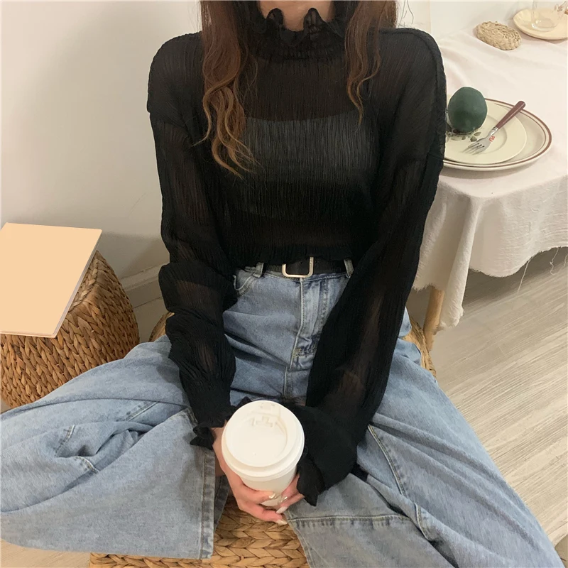 Women Solid Long Sleeve Chiffon Tops Female Casual Vintage Butterfly Sleeve Shirts Ladies Korean Ruffled Blouses Blusas Mujer