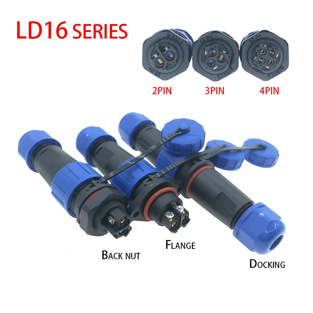 LD16 IP68 Waterproof Connector Socket  Plug Back Nut Docking Flange 2 pin 3 pin 4 pin Screw Crimping Without Welding Connector