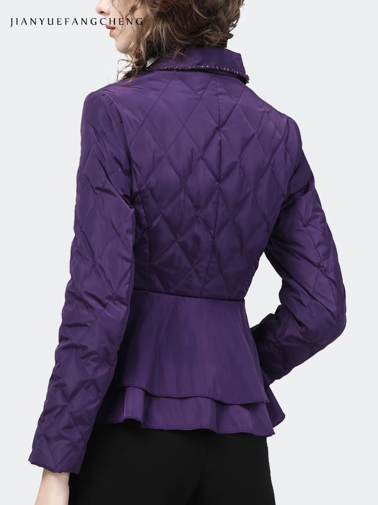 Chaqueta de plumón corta para mujer, abrigo ajustado con cuello de traje elegante, color púrpura, cálido, con cintura ligeramente ceñida, con cierre