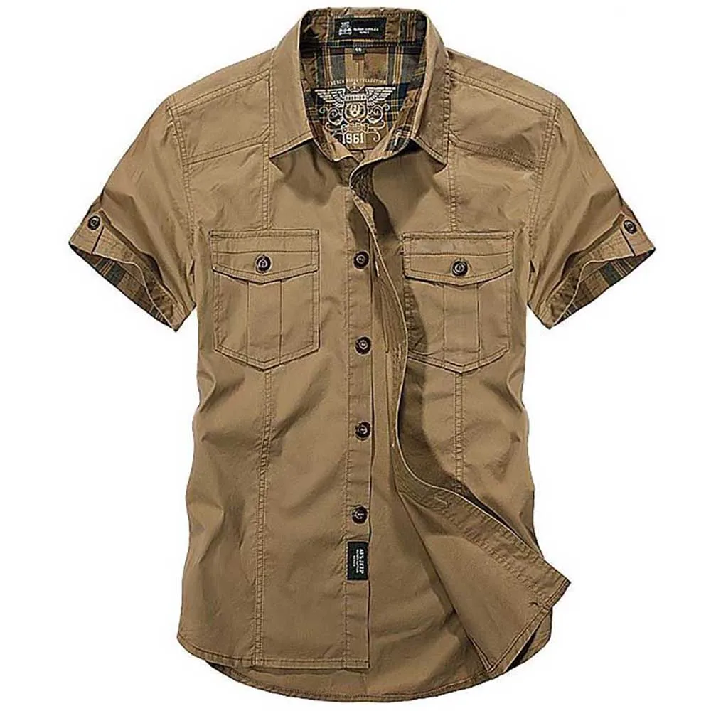 Camisas informales de algodón para hombre, ropa holgada de talla grande, manga corta, cuello vuelto, estilo militar, Verano