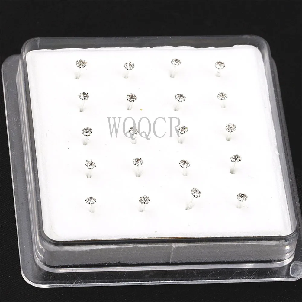 20Pcs/Box Straight Pin Nose Stud With 1/2/3mm Crystal Nose Piercing Body Jewelry Nose Studs Rings Piercing Pin Body Jewelry