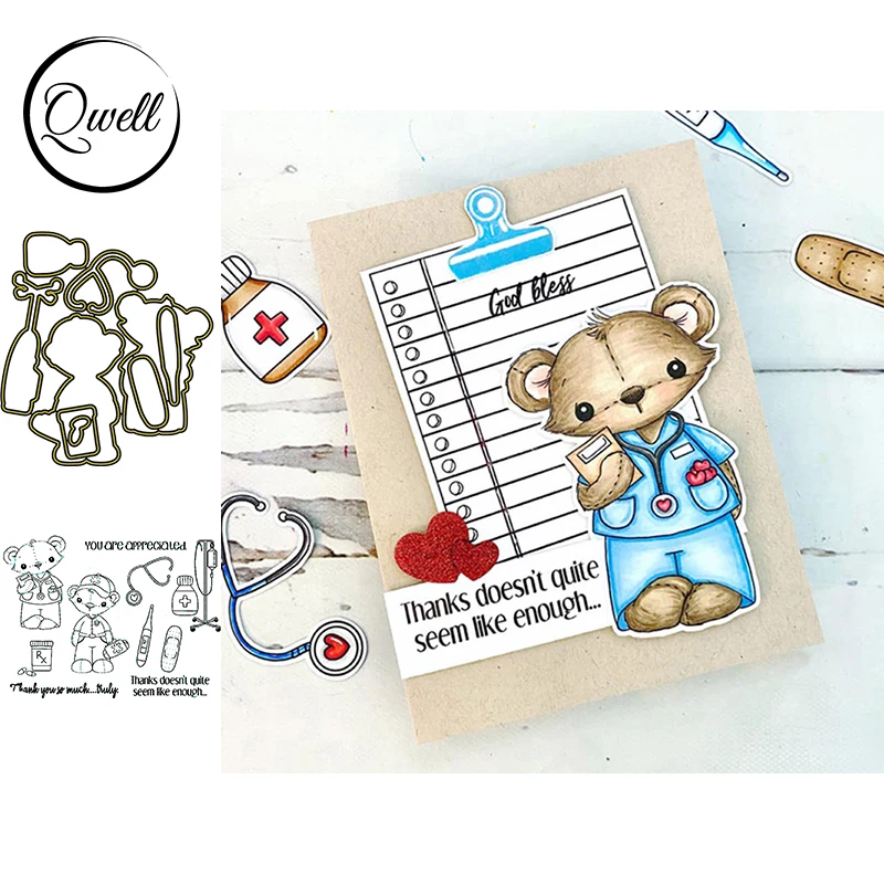 

QWELL Doctor Fox Metal Cutting Dies With Clear Stamps Set Medical Device DIY Scrapbooking Craft Paper Card Making Template 2020