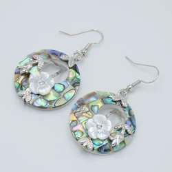 Natural Abalone Shell Hook Earrings Round Hollow Donut Dangle Earring Zircon Flower Charms Fashion Jewelry for Women Gifts