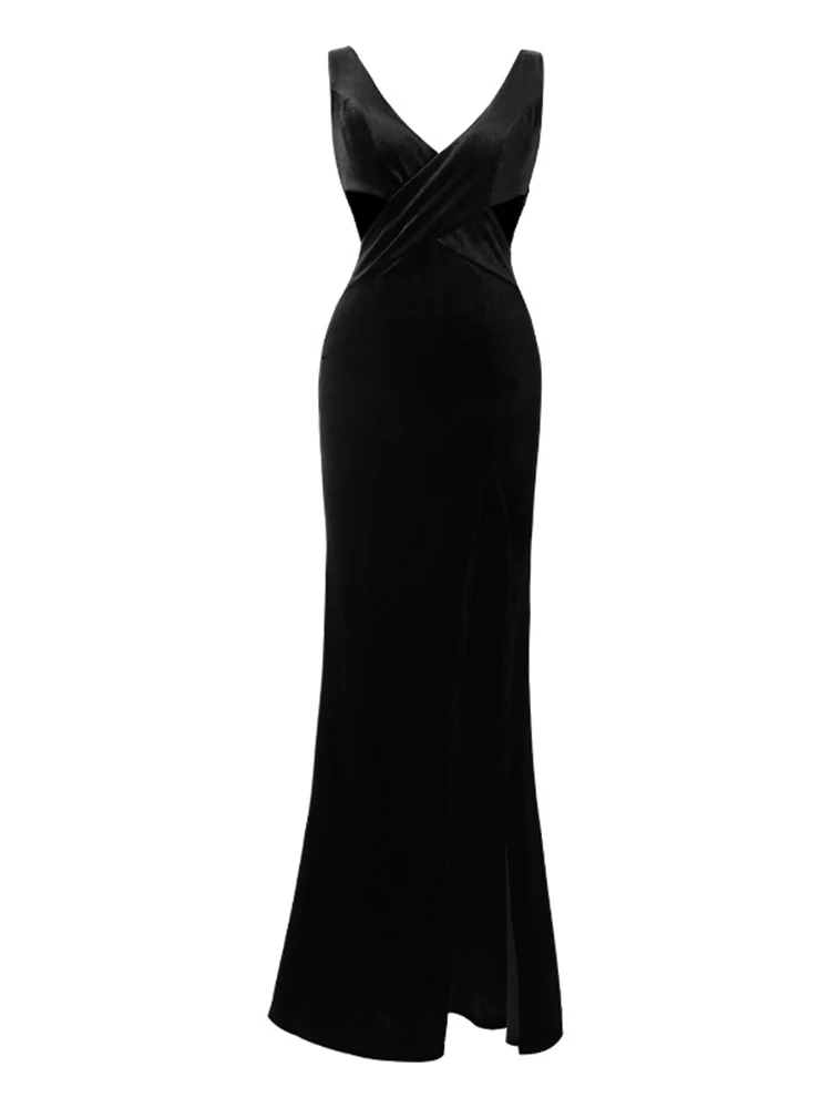 Women Night Field Condole Belt Long Dress New Velvet Large Size Hollow Out Temperament Nightclub Sexy Evening Dress V-neck  Gown