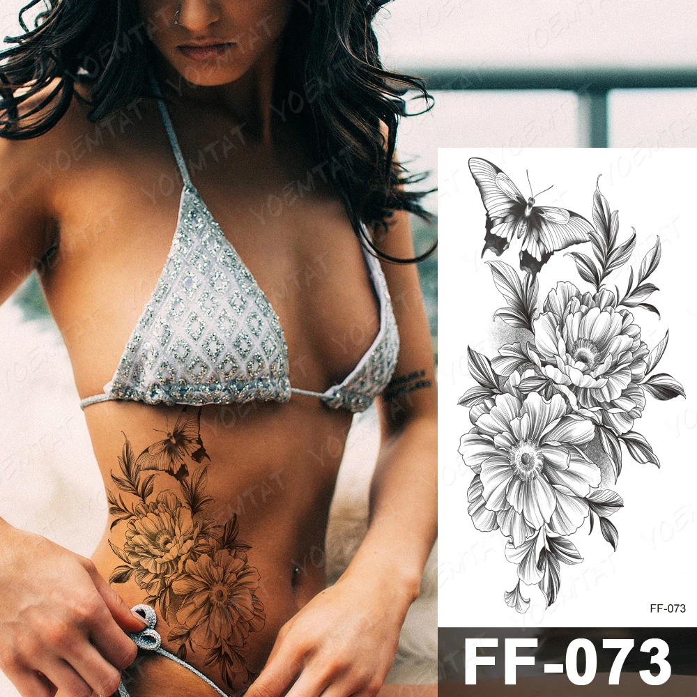 Waterproof Temporary Tattoo Stickers Peony Chrysanthemum Flash Tattoos Female Minimalist Line Body Art Arm Thigh Fake Tatto Male