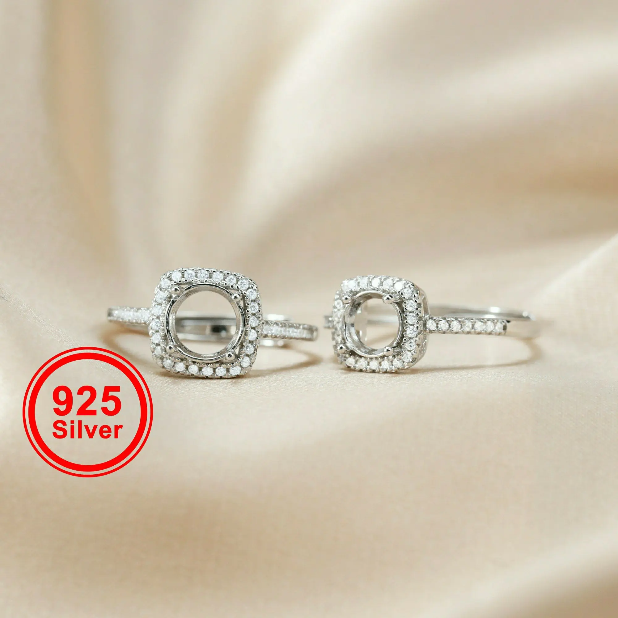 6-8 Mm Mewah Bulat Permata CZ Batu Prong Pengaturan Solid 925 Sterling Silver Bezel Nampan DIY Cincin Adjustable 1214025