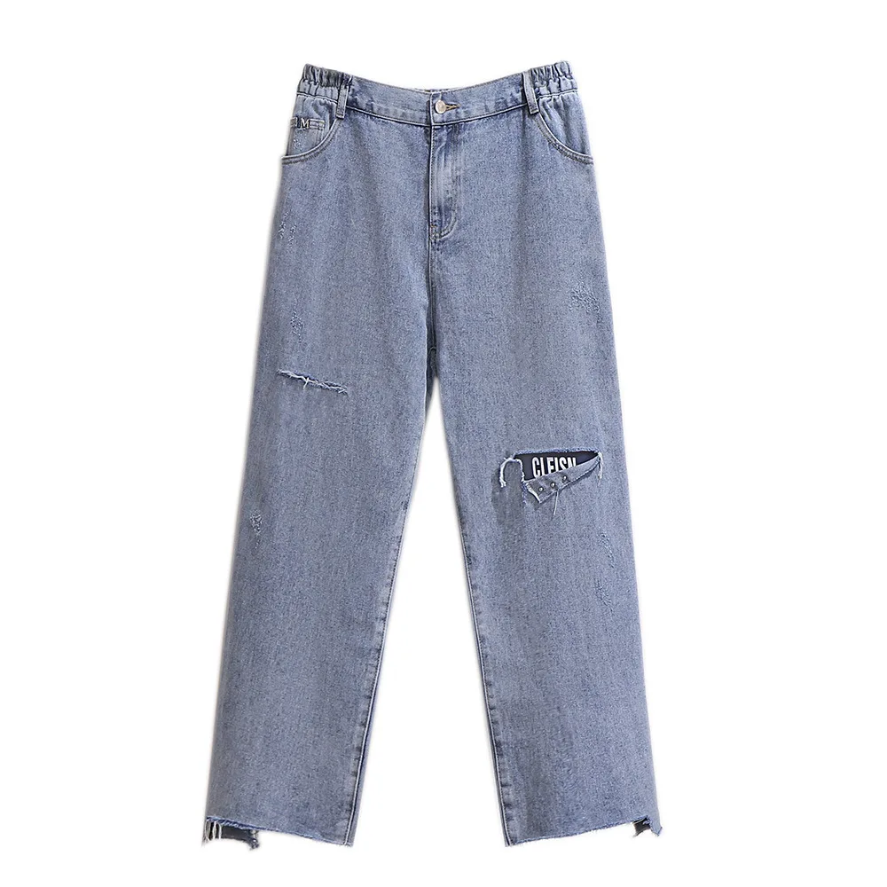 Mới 2021 Thu Đông Plus Kích Thước Quần Jean Nữ Lớn Rời Cotton Màu Xanh Lỗ Thẳng Dài Denim Quần 3XL 4XL 5XL 6XL 7XL