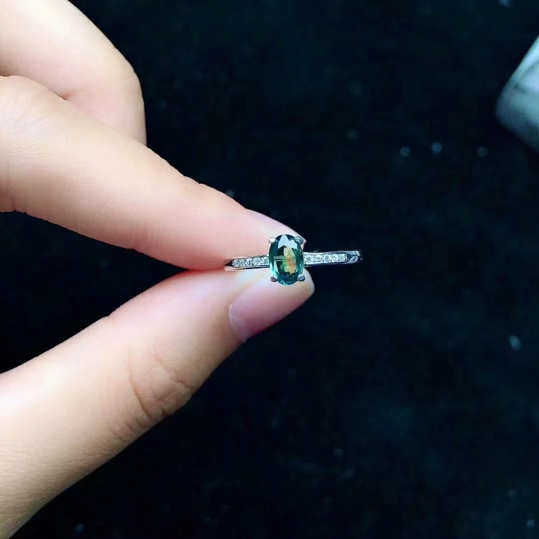 

100% Natural Green Sapphire Ring 4mm*6mm 0.5ct Sapphire Silver Ring for Engagement 925 Sapphire Jewelry Gift for Wife